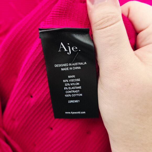 Aje Rushes Raffia Midi Dress Deep Fuchsia Pink Knit Fringe Ribbed Size XS - Picture 9 of 13